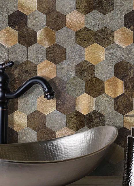 Zelfklevende Mozaïek Steenstrip Hexagon koper