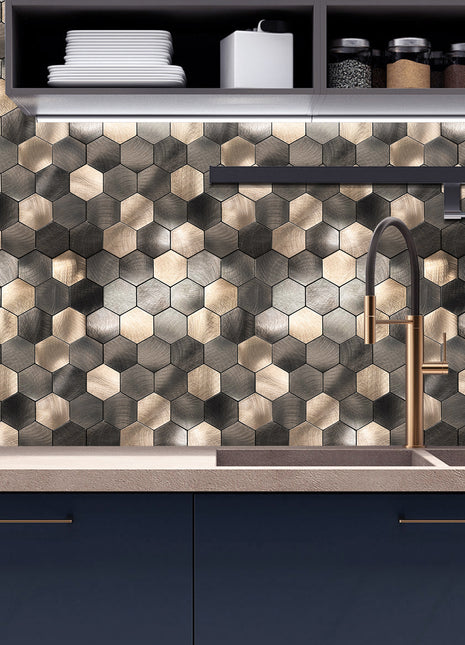 Zelfklevende Mozaïek Steenstrip Hexagon Geborsteld antraciet goud