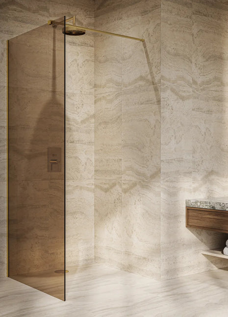 Saniclear Bronze inloopdouche brons glas 90x200cm geborsteld messing - mat goud