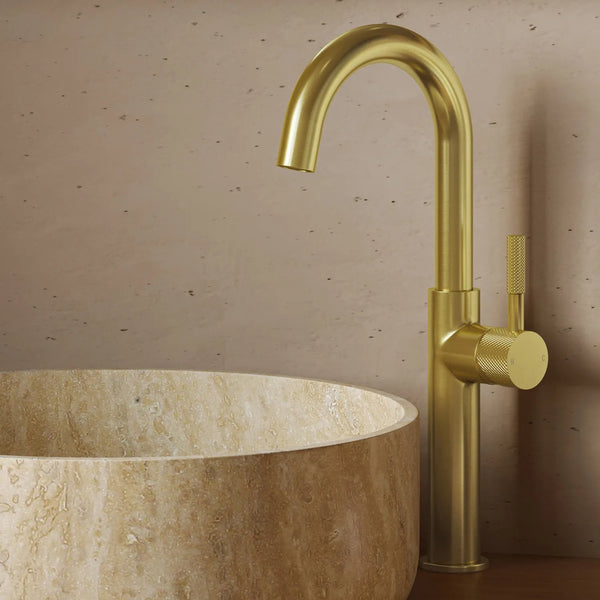 Saniclear Highriser Curved wastafelkraan geborsteld messing - mat goud